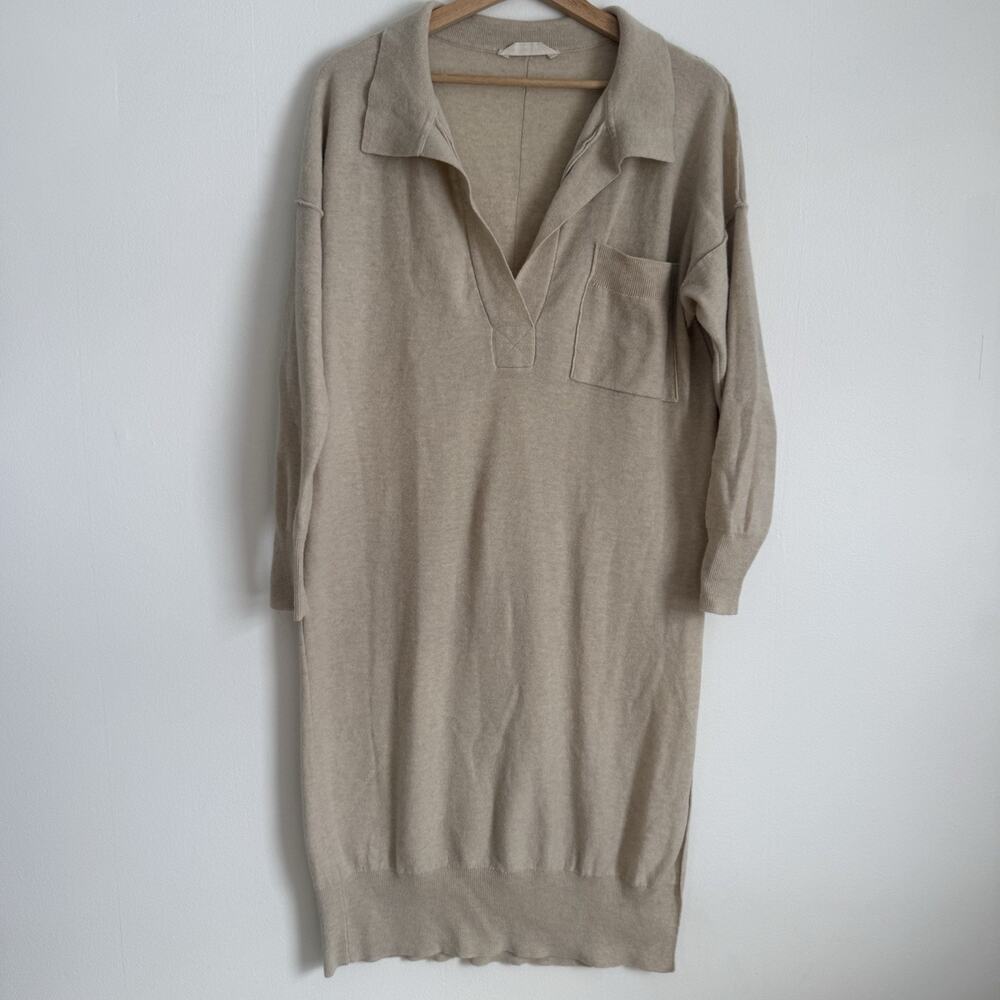 FREE PEOPLE Dana Cashmere Wool Luxe Ivory Beige Slit Polo Midi Sweater Dress S - Picture 3 of 12